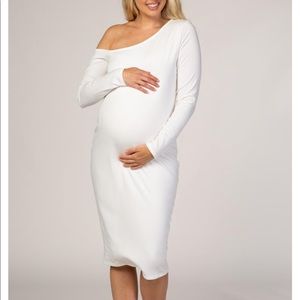 One shoulder white fitted maternity midi dress